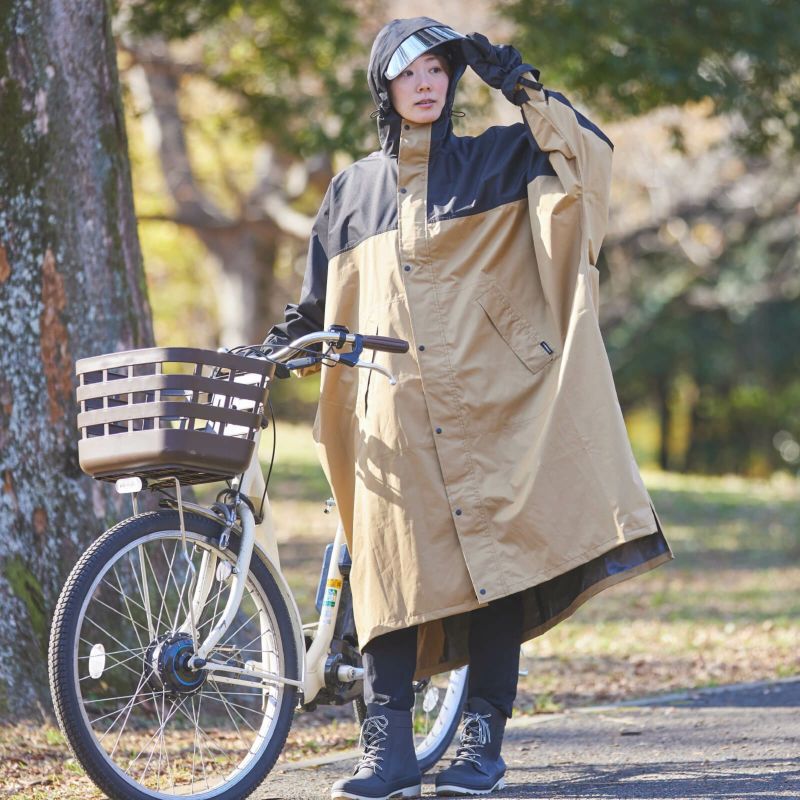 レインコート　ベージュ　Ｌ　フード付　通学 撥水 おしゃれ 自転車 バイク